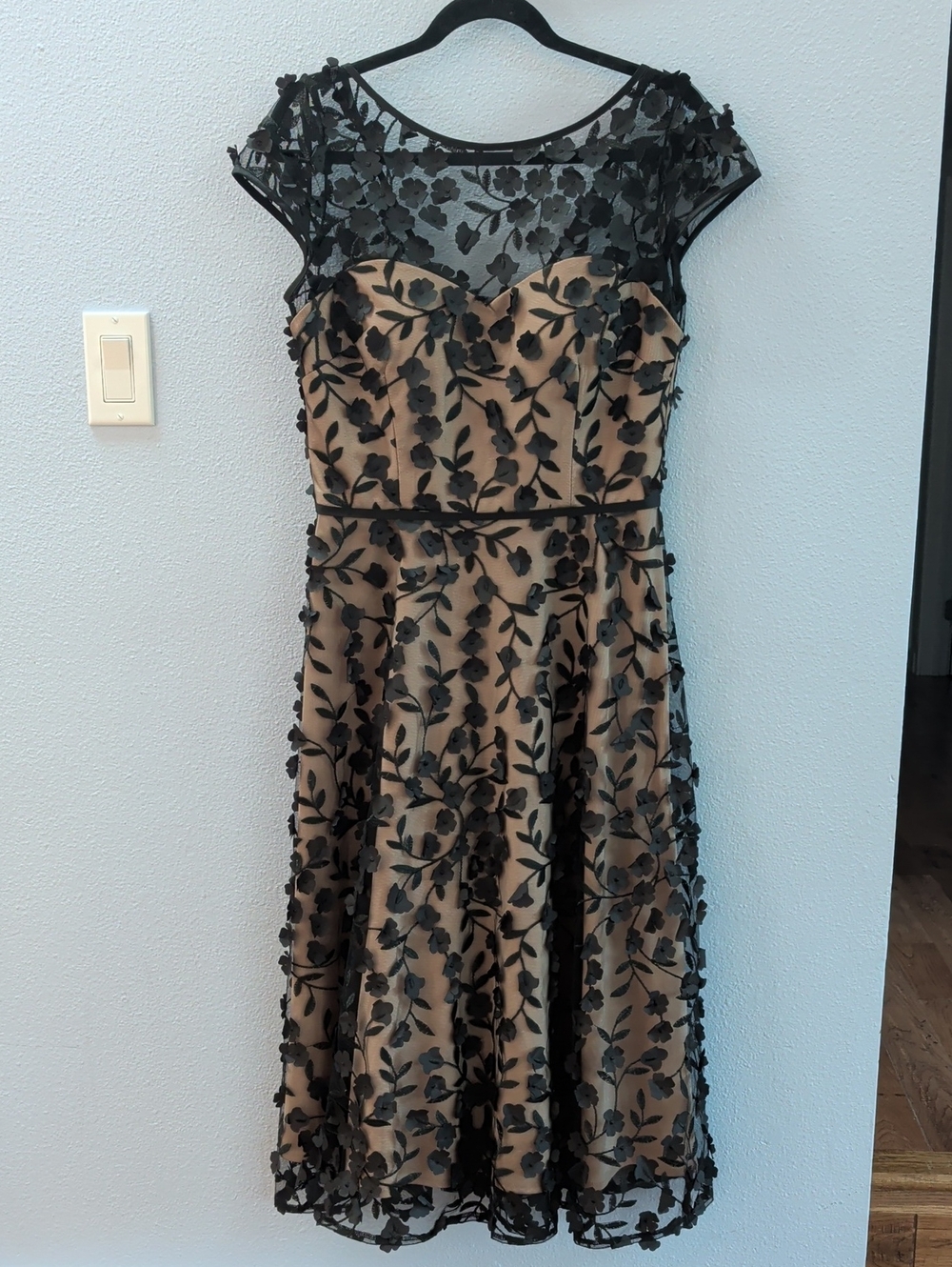 Xscape 4029X Mesh 3D Nude Dress with Black Floral Lace Overlay